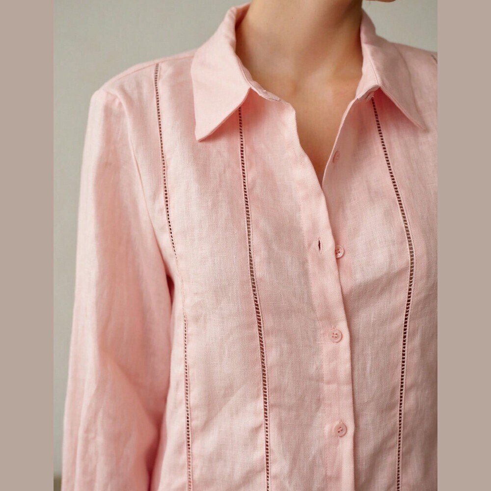 Pink Linen Button-Down Shirt with Ladder Trim Detail - Picture 3 of 7